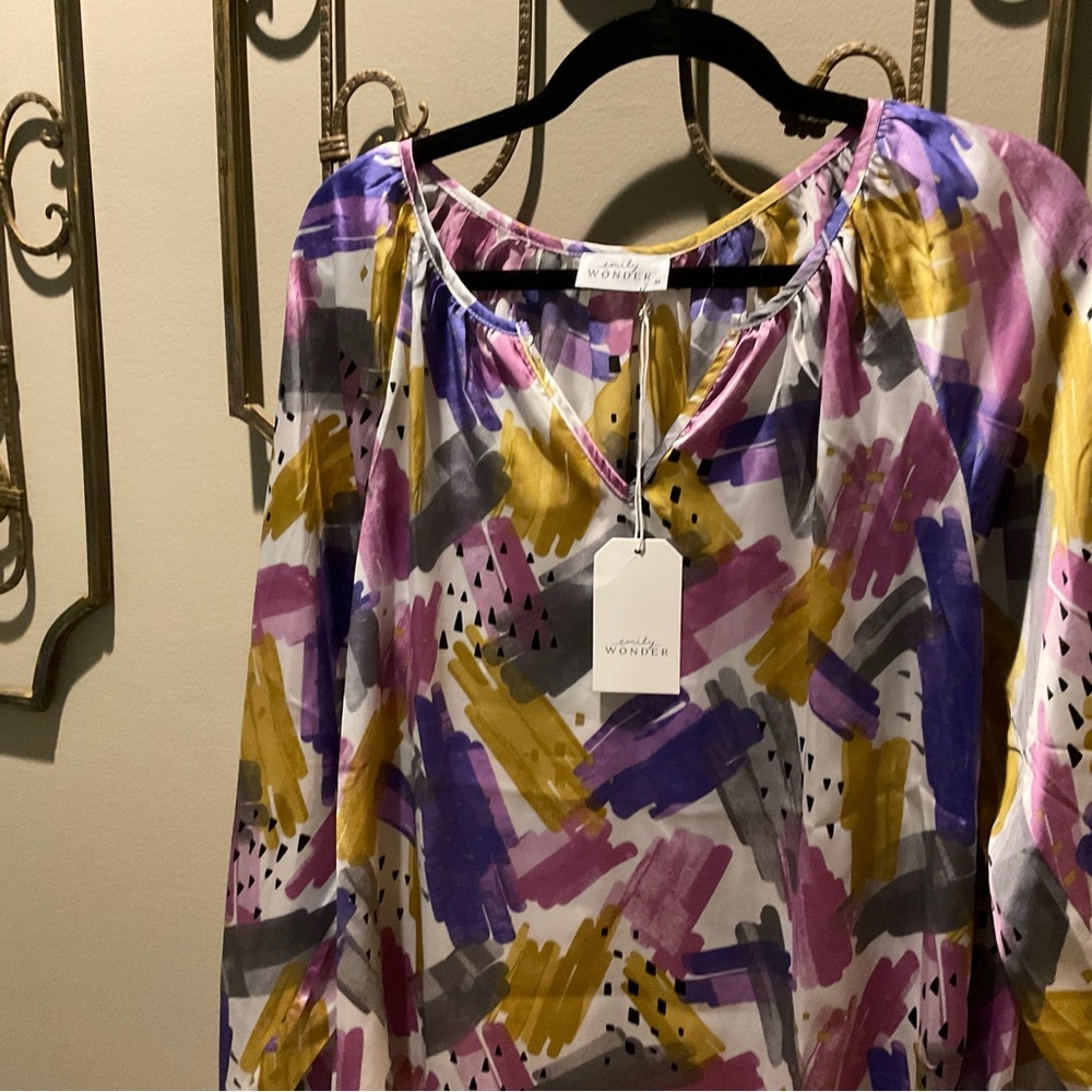 NWT Emily Wonder Medium Purple, Gold and Grey V-Neckline Blouse